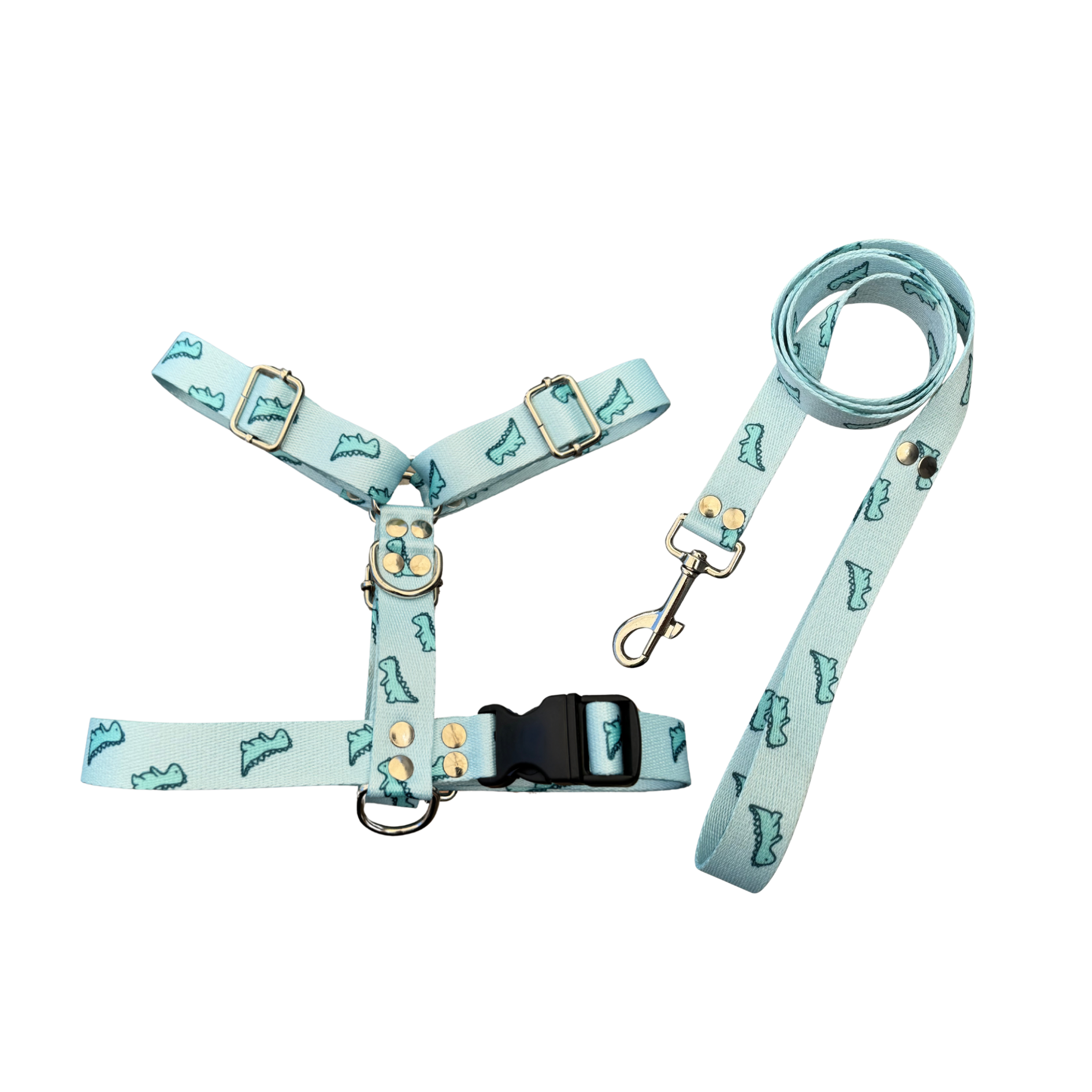 Pretal H (17) Conjunto Pretal H + Correa - Dinosaurio Celeste - Imagen 1